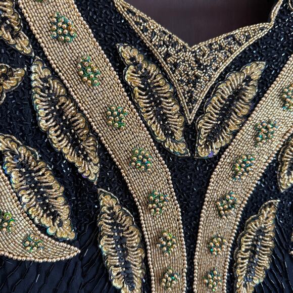 80s Vintage Mark and John Black and gold Fully beaded Beaded Silk Gown Medium - Picture 3 of 9